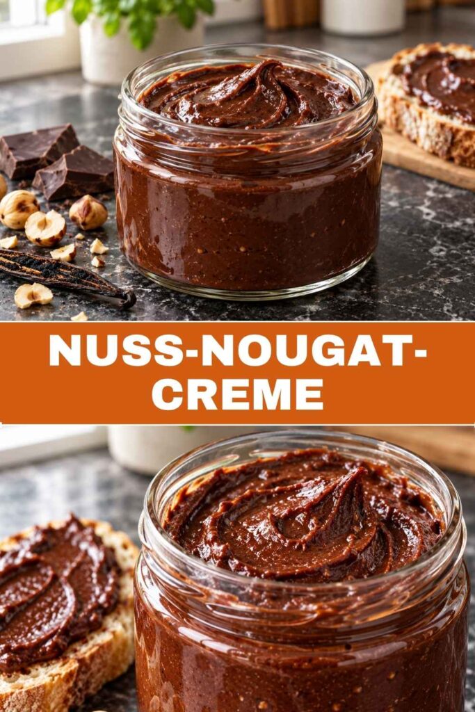 Selbstgemachte Nuss-Nougat-Creme ohne Palmöl im Glas und auf dem Löffel, Rezept mit gerösteten Haselnüssen
