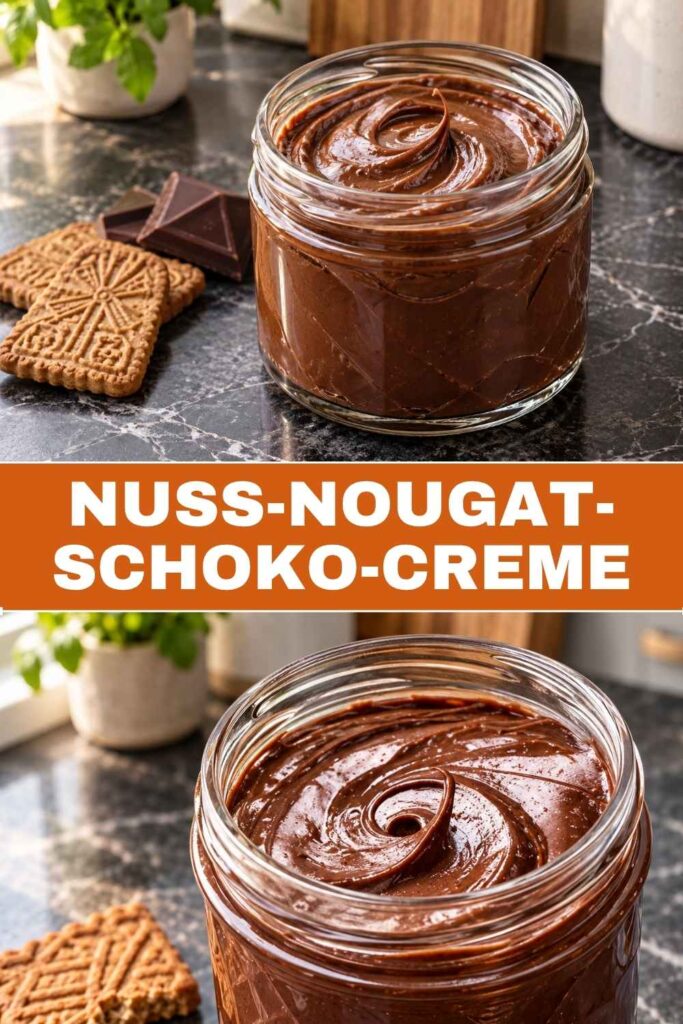 Pinterest-Pin mit Nuss-Nougat-Schoko-Creme mit Spekulatius im Glas und als Nahaufnahme auf dem Brötchen