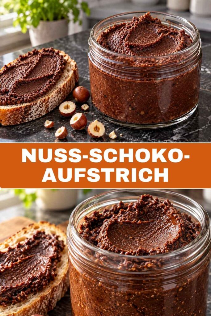 Nuss-Schoko-Aufstrich 4 Nuss-Schoko-Aufstrich selber machen mit 4 Zutaten, oben das Glas auf dem Frühstückstisch, unten die Nahaufnahme auf dem Löffel