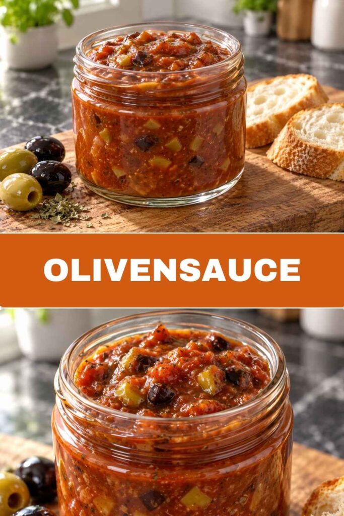 Olivensauce als Dip zum Grillen, oben Schüssel mit Baguette von oben, unten Nahaufnahme der gehackten Oliven