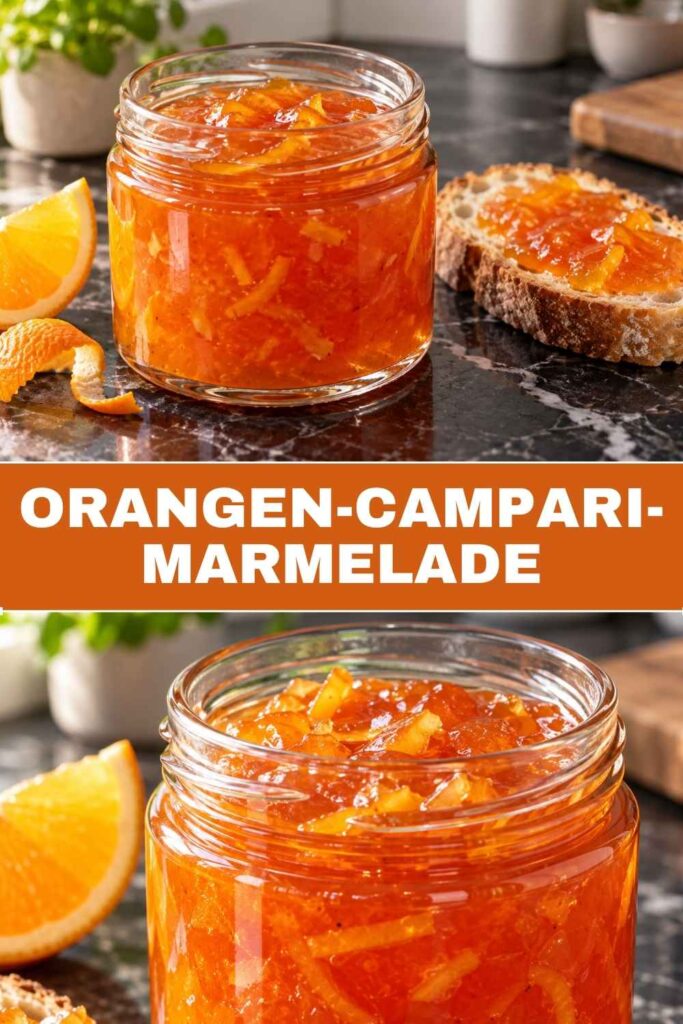 Orangen-Campari-Marmelade in Gläsern und als Nahaufnahme auf Brötchen, Rezept für Marmelade mit Campari