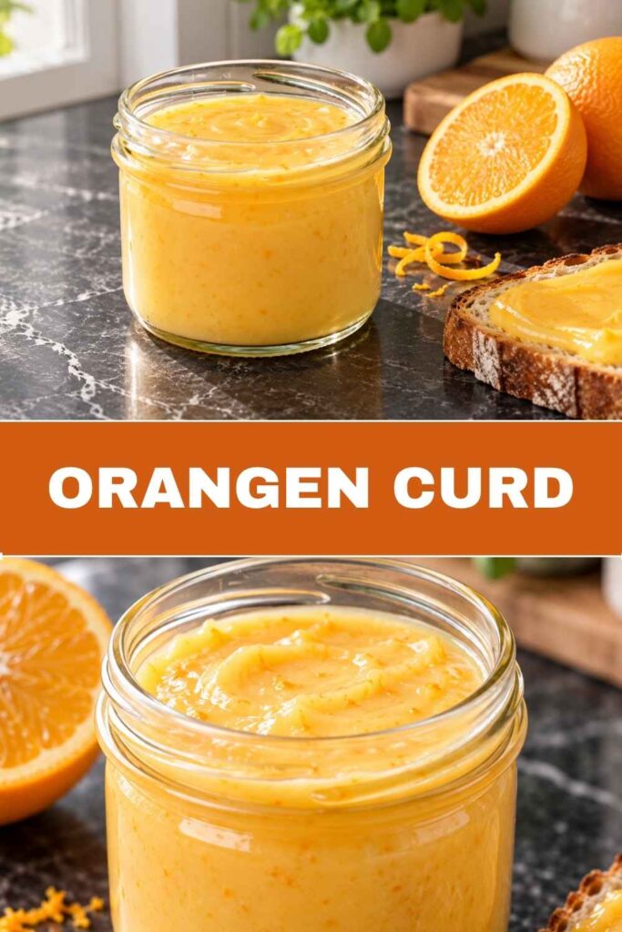 Orangen Curd im Glas mit Toast und Orangen und Nahaufnahme auf dem Löffel, Rezept zum Selbermachen