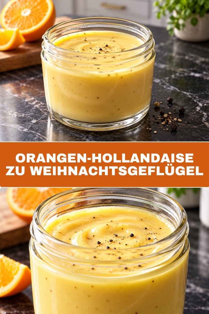 Pinterest-Pin mit Orangen-Hollandaise zu Weihnachtsgeflügel, oben die Festtafel mit Ente, unten die cremige Soße in Nahaufnahme