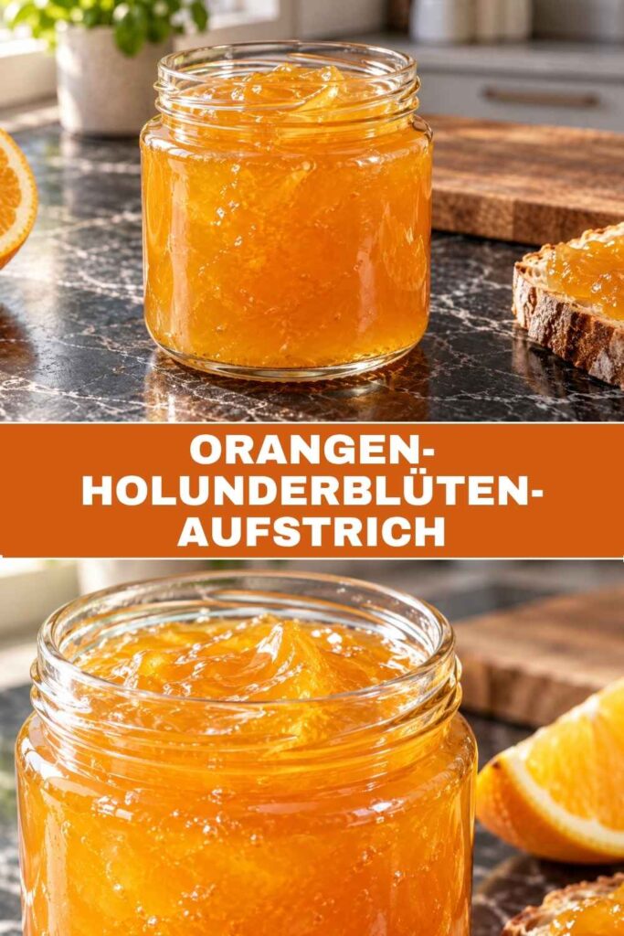 Orangen-Holunderblüten-Aufstrich 4 Orangen-Holunderblüten-Aufstrich im Glas und auf einem Butterbrötchen, Pinterest-Bild mit Rezepttitel