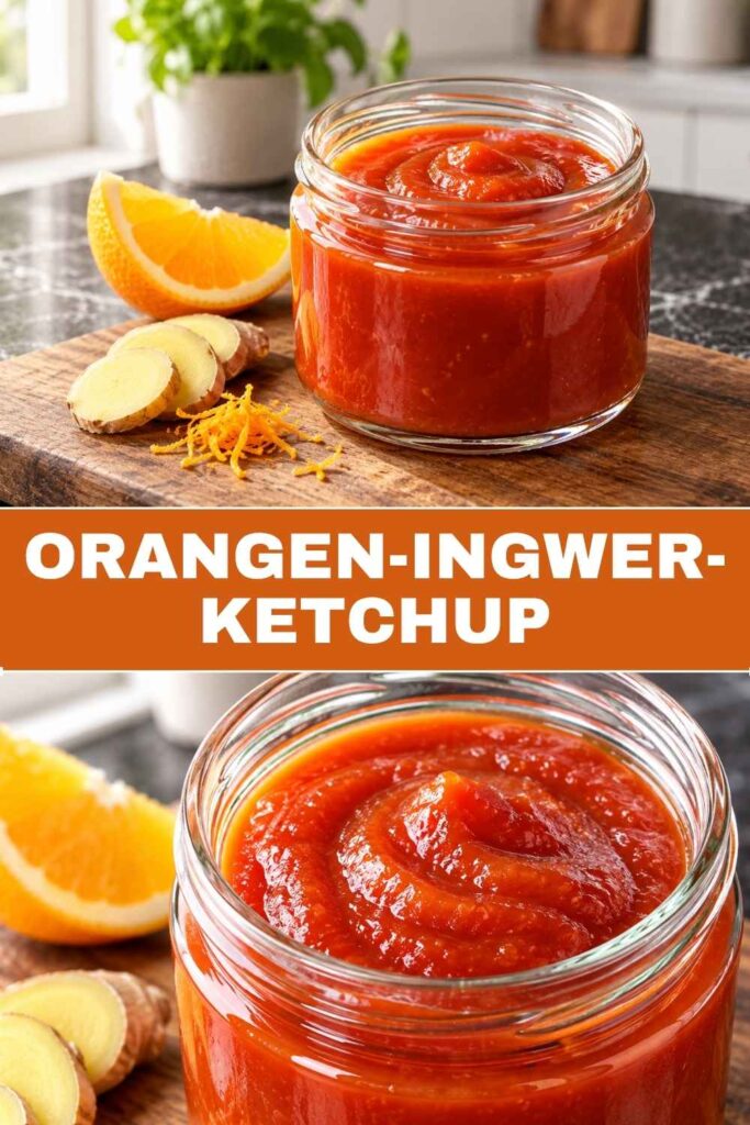 Orangen-Ingwer-Ketchup 4 Orangen-Ingwer-Ketchup selber machen, Flasche und Schälchen mit Pommes im Hochformat