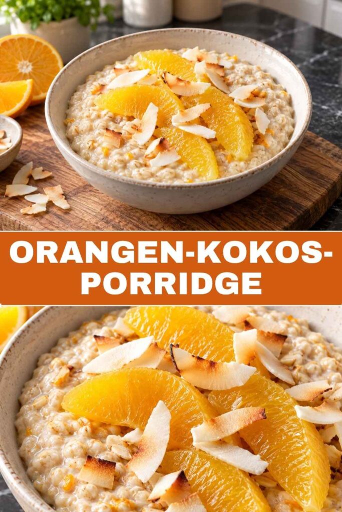 Pinterest-Pin mit Orangen-Kokos-Porridge, cremig, fruchtig und in 20 Minuten fertig
