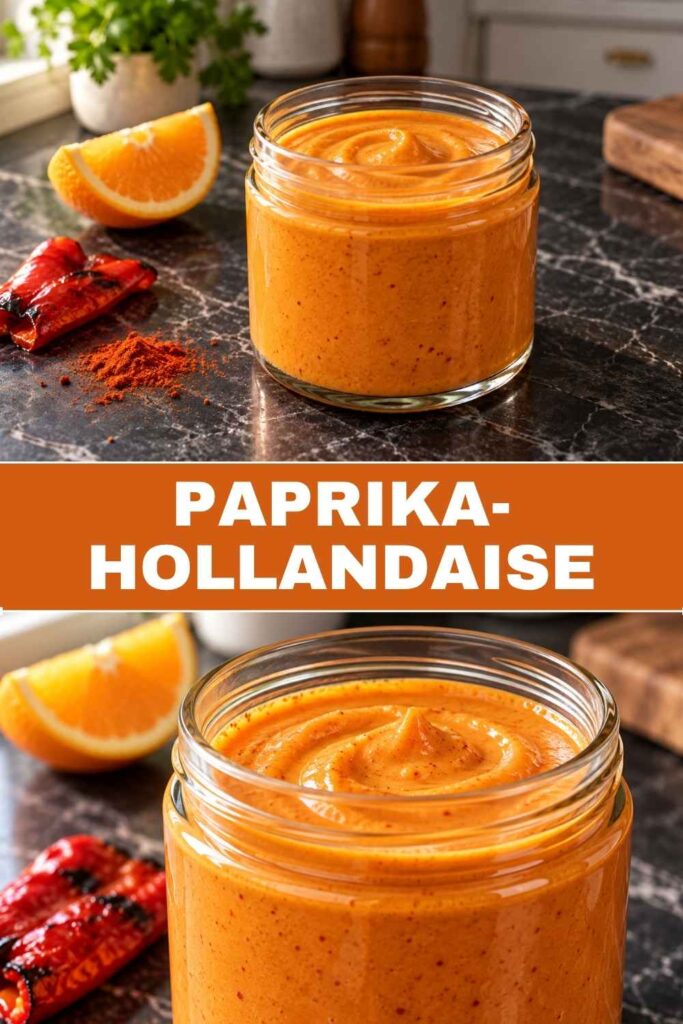 Paprika-Hollandaise 4 Pinterest-Pin Paprika-Hollandaise, cremige Sauce zu Spargel und Eiern in 15 Minuten