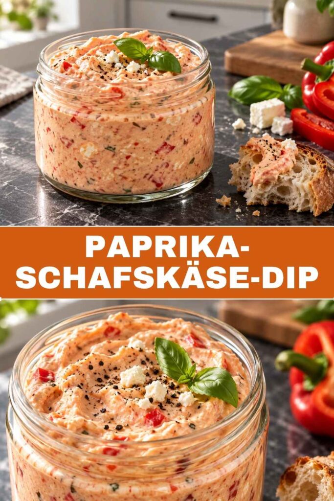 Paprika-Schafskäse-Dip mit Brot und Gemüsesticks, darunter Nahaufnahme der cremigen Creme mit Paprikastückchen