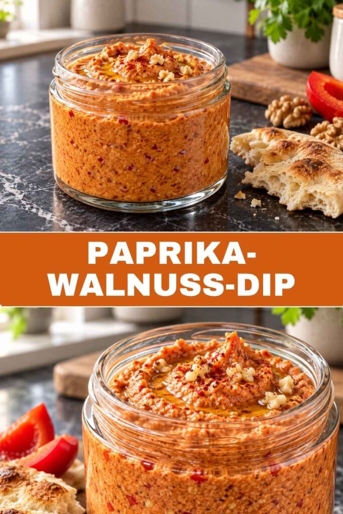 Paprika-Walnuss-Dip in der Schale mit Fladenbrot und als Nahaufnahme, schnelles veganes Dip-Rezept in 5 Minuten