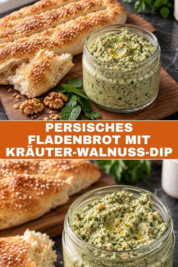 Pinterest-Pin für persisches Fladenbrot mit Kräuter-Walnuss-Dip