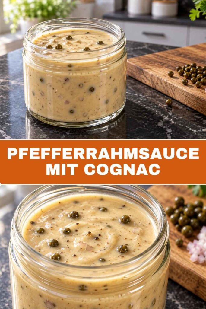 Pinterest-Pin mit Pfefferrahmsauce mit Cognac, cremig und in 20 Minuten fertig