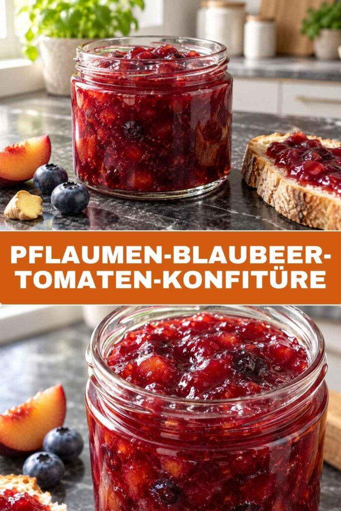 Pflaumen-Blaubeer-Tomaten-Konfitüre 4 Pflaumen-Blaubeer-Tomaten-Konfitüre in Gläsern und auf einem Brötchen, Rezept mit Zimt, Vanille und Ingwer