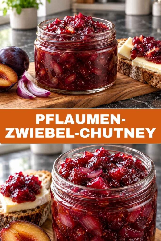 Pflaumen-Zwiebel-Chutney im Glas und als Nahaufnahme auf Bauernbrot mit Camembert, einfaches Herbstrezept in 27 Minuten