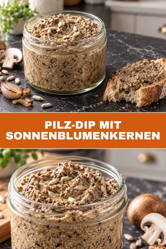 Pinterest-Pin für Pilz-Dip mit Sonnenblumenkernen mit Weitwinkel- und Nahaufnahme-Motiv