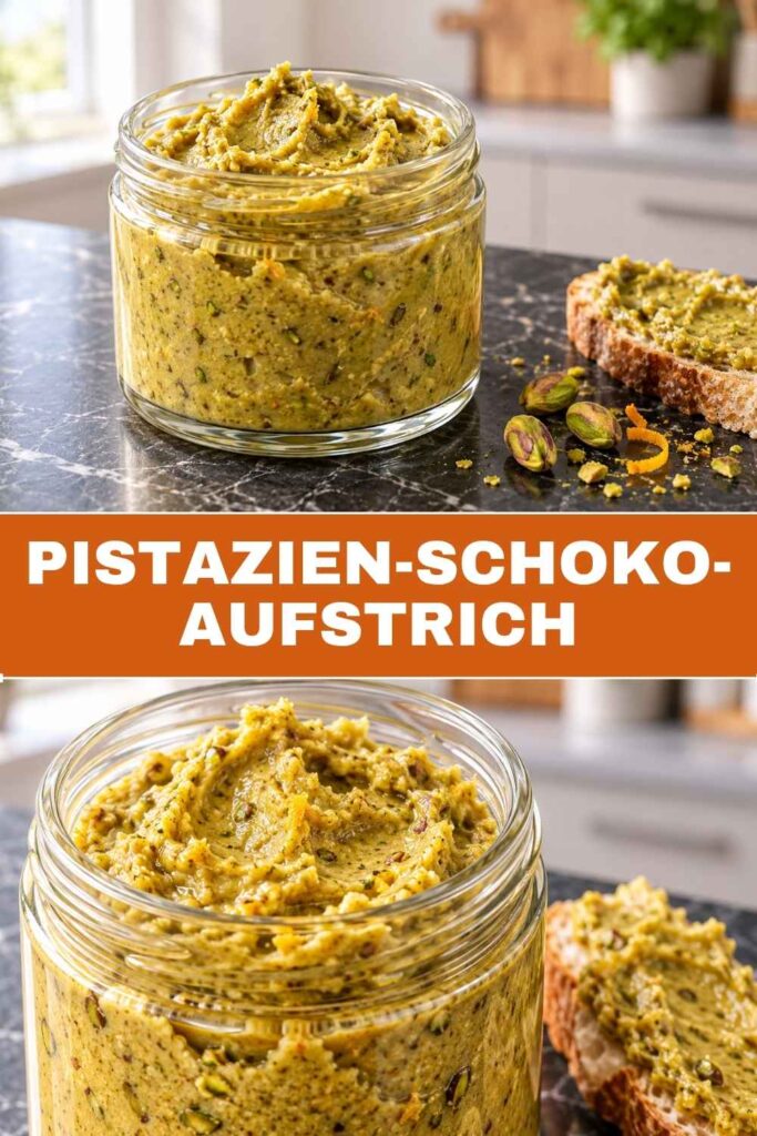 Pistazien-Schoko-Aufstrich im Glas und auf Brot gestrichen, selbst gemacht in 10 Minuten