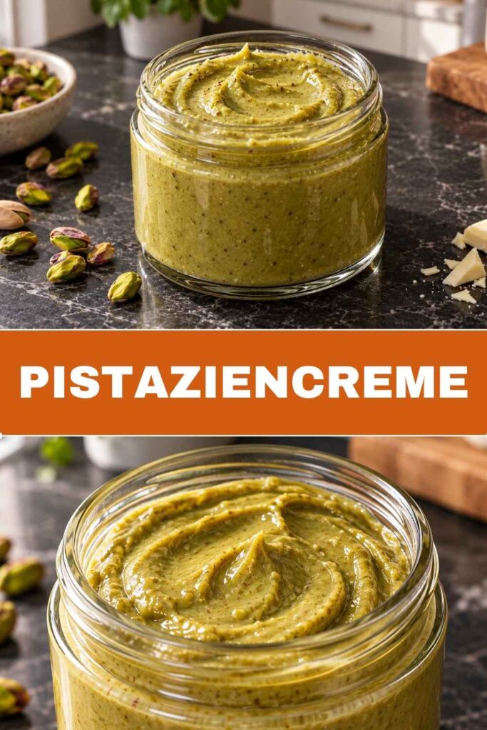 Pistaziencreme im Glas und auf Toast gestrichen, Pinterest-Grafik
