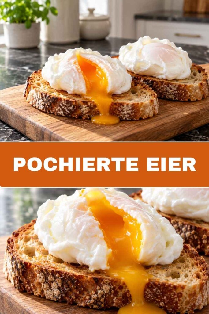 Pochierte Eier auf Schinkenbrot, oben angerichtet und unten angeschnitten mit flüssigem Eigelb