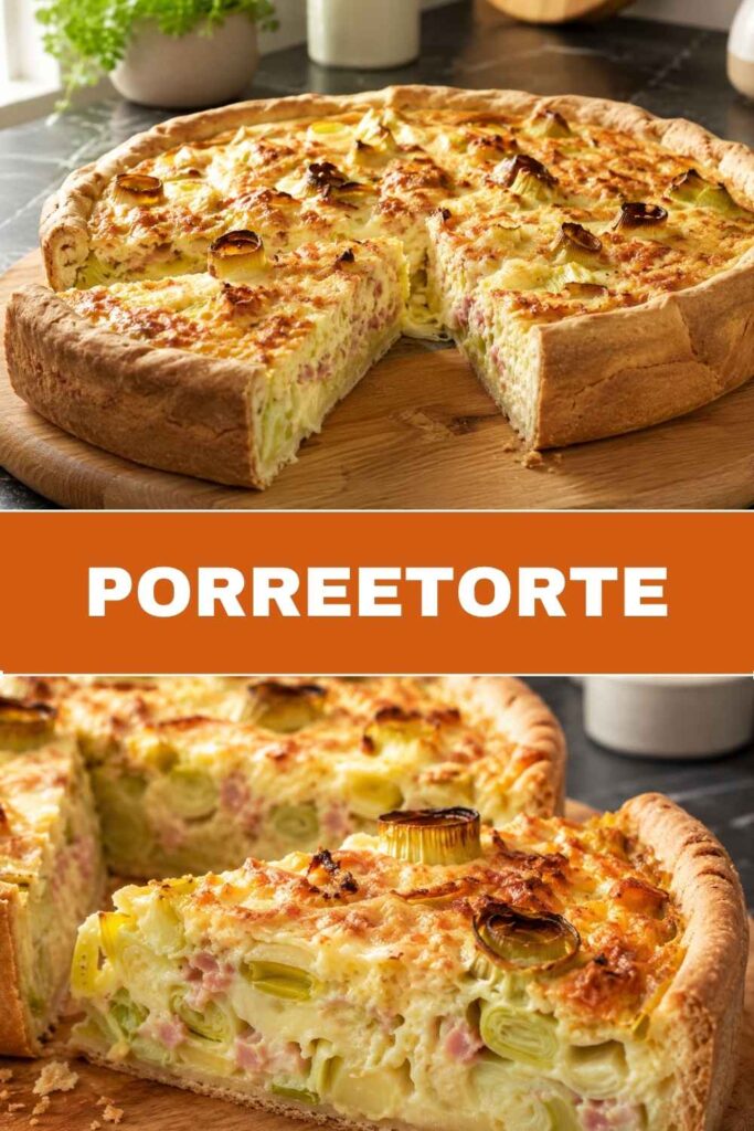 Pinterest-Pin für Porreetorte mit Schinken und Gouda, Weitwinkel- und Nahaufnahme kombiniert