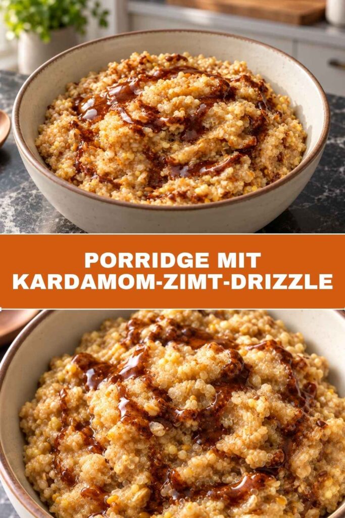 Pinterest-Pin: Porridge mit Kardamom-Zimt-Drizzle als Weitwinkel und Nahaufnahme, wärmendes Frühstück für 6 Portionen