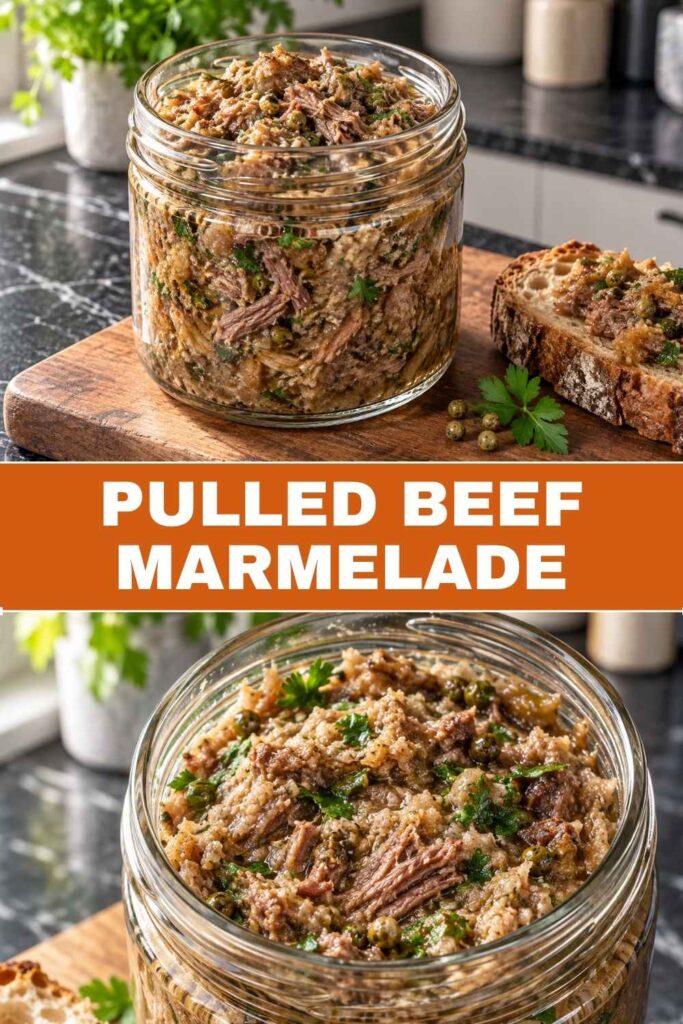 Pinterest-Pin mit Pulled Beef Marmelade im Glas und auf Landbrot, herzhafter Rinderaufstrich mit Cognac