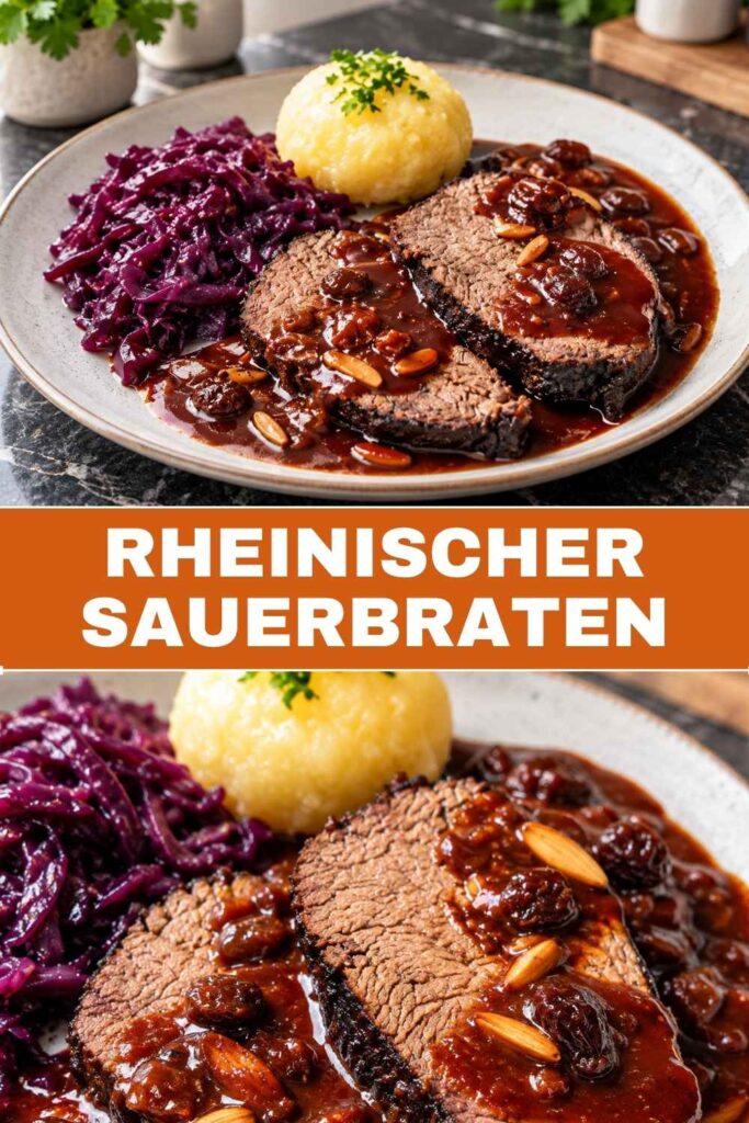 Rheinischer Sauerbraten Rezept mit Rosinensoße, zwei Tage mariniert und zart geschmort