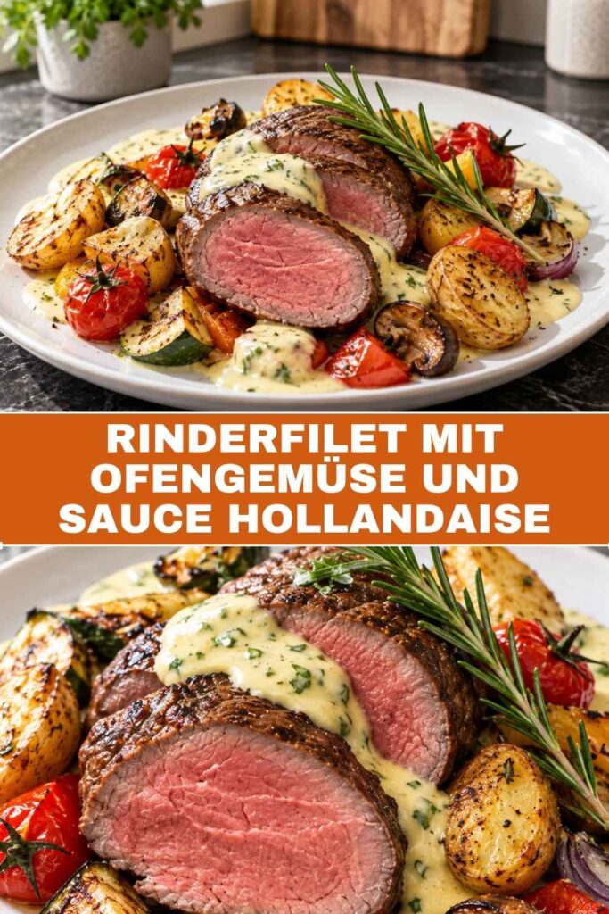 Pin-Bild für Rinderfilet mit Ofengemüse und Sauce Hollandaise, fertig in 1 Std. 10