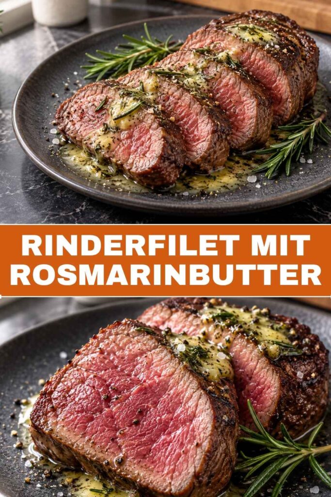 Pin-Grafik Rinderfilet mit Rosmarinbutter, Weitwinkel und Nahaufnahme kombiniert