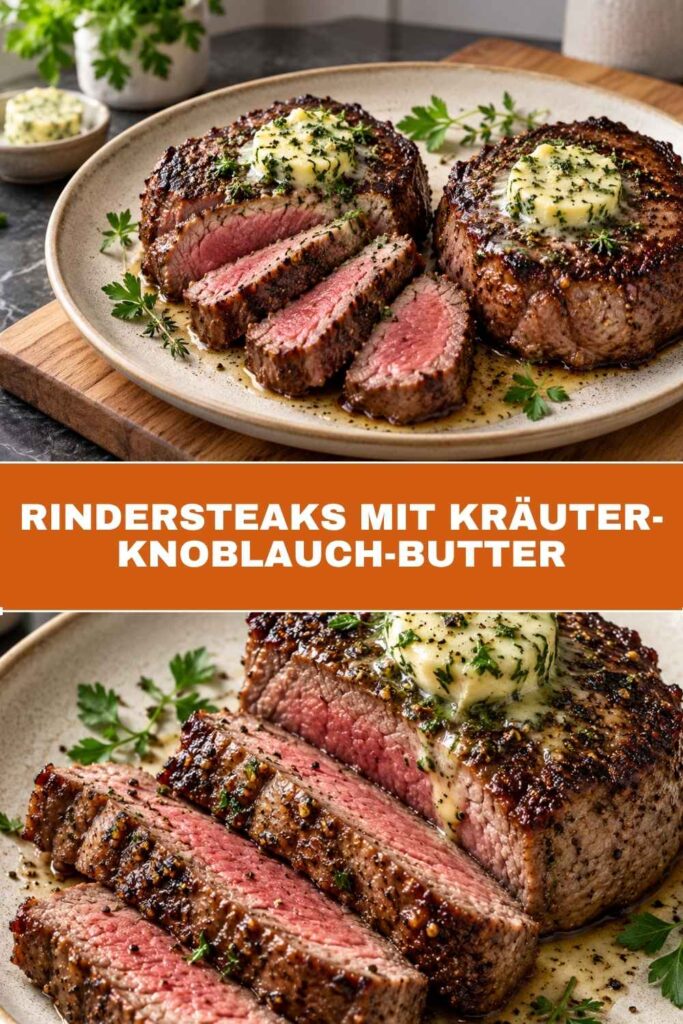 Pinterest-Pin Rindersteaks mit Kräuter-Knoblauch-Butter, gelingsicheres Rezept in 30 Minuten