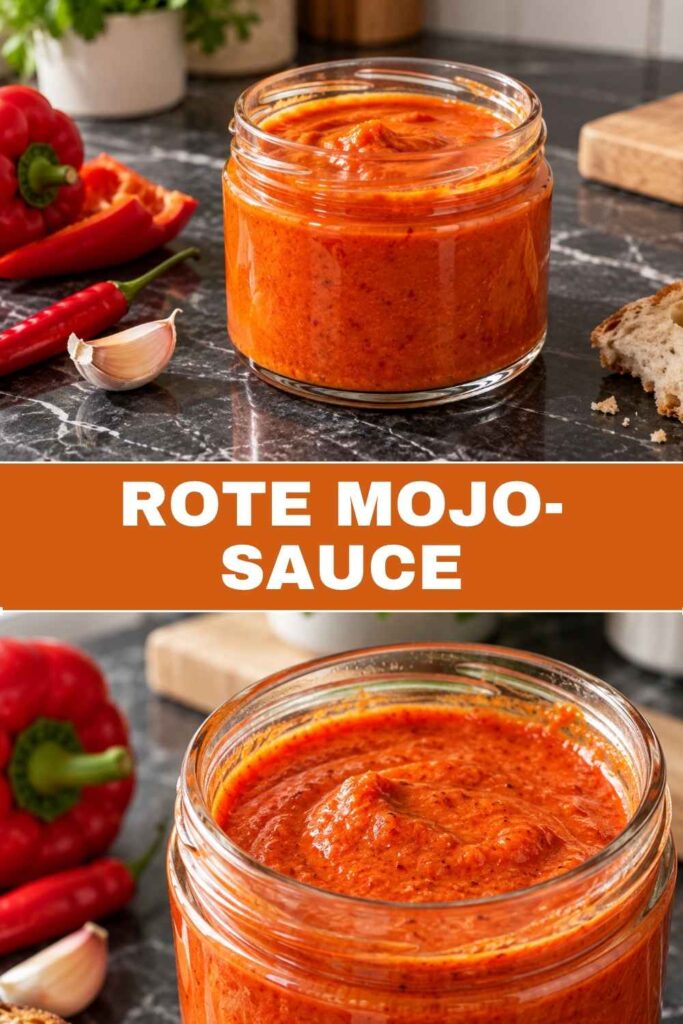 Rote Mojo-Sauce Rezept zum Merken auf Pinterest, mit Kartoffeln und Grillgemüse
