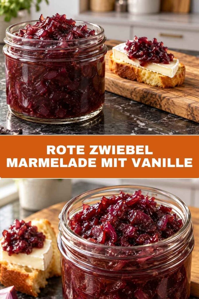 Pinterest-Pin mit Rote Zwiebel Marmelade mit Vanille im Glas und auf Brioche mit Käse