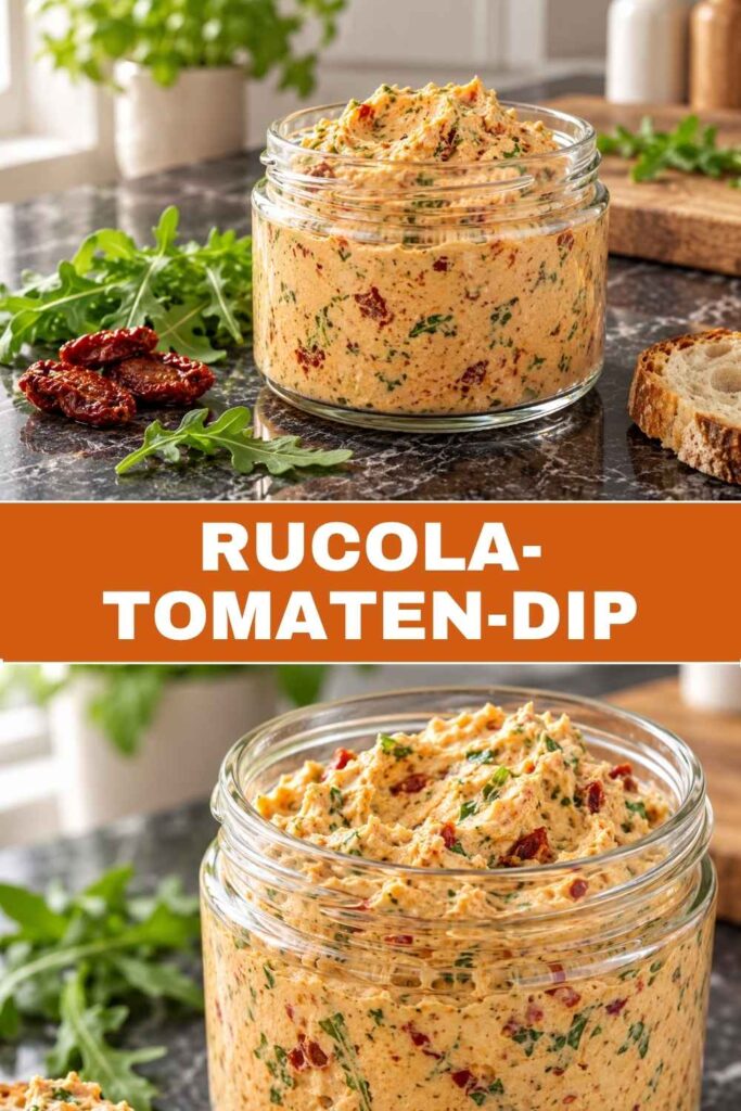 Rucola-Tomaten-Dip in der Schale mit Baguette oben und Nahaufnahme des cremigen Dips unten, Textüberschrift „Rucola-Tomaten-Dip in 10 Minuten“
