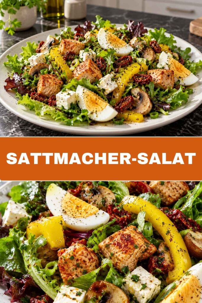 Sattmacher-Salat mit Pute, Ei und Schafskäse, oben in der Schüssel und unten in der Nahaufnahme, Low Carb Rezept