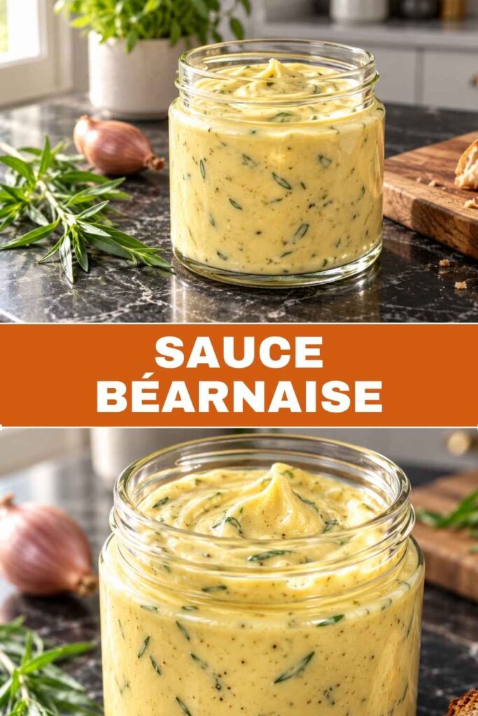 Sauce Béarnaise 4 Pinterest-Pin mit Sauce Béarnaise Rezept, cremig im Wasserbad gerührt