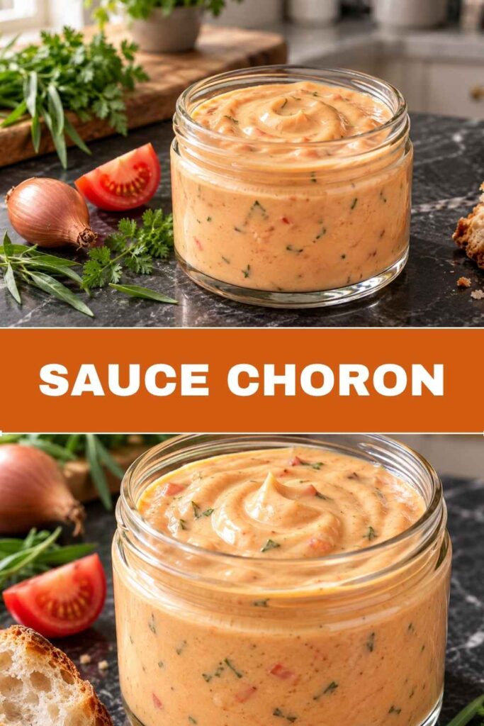Pinterest-Pin mit Sauce Choron aus dem Thermomix, Gesamtansicht und Nahaufnahme