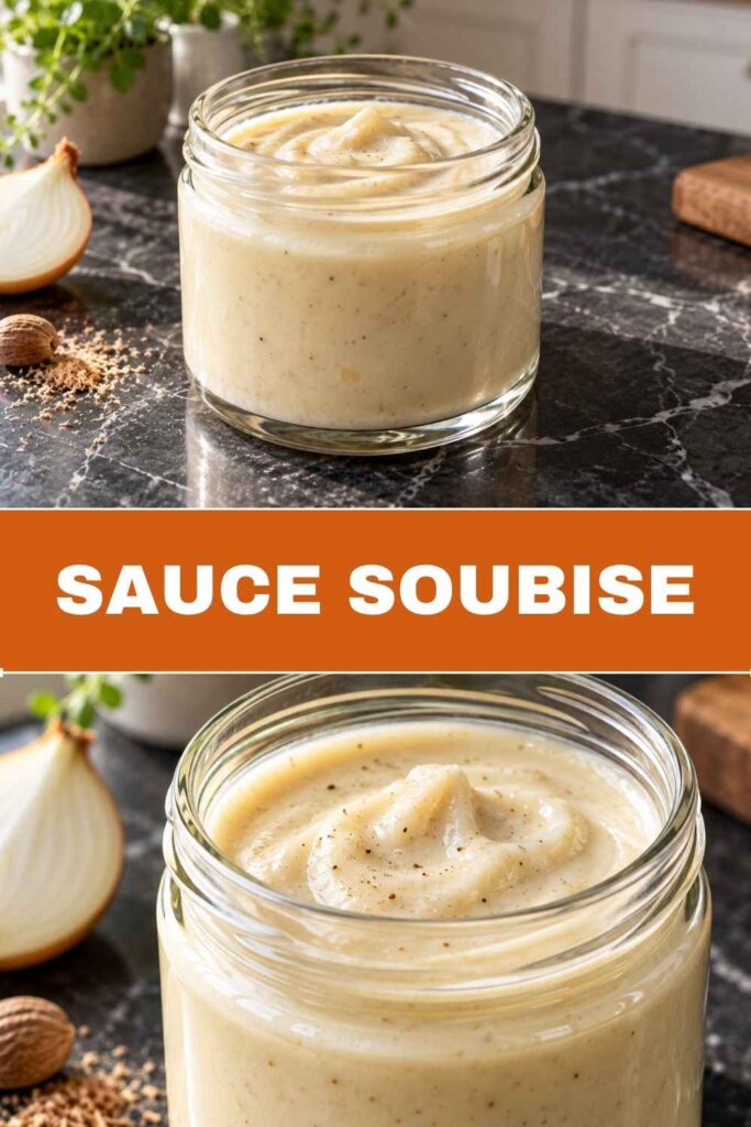 Pinterest-Pin mit cremiger Sauce Soubise, der Zwiebelsauce für Gemüse, Fleisch und Fisch