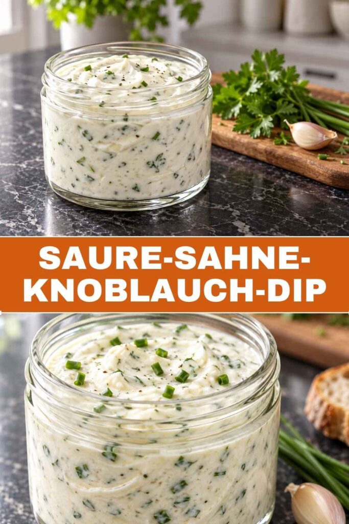 Saure-Sahne-Knoblauch-Dip als Pinterest-Pin, oben die Schale mit Kartoffelspalten, unten die Nahaufnahme mit frischen Kräutern