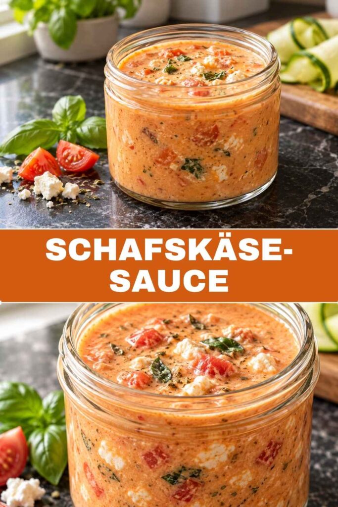 Pinterest-Pin für Schafskäse-Sauce, cremiges Soßenrezept in 15 Minuten