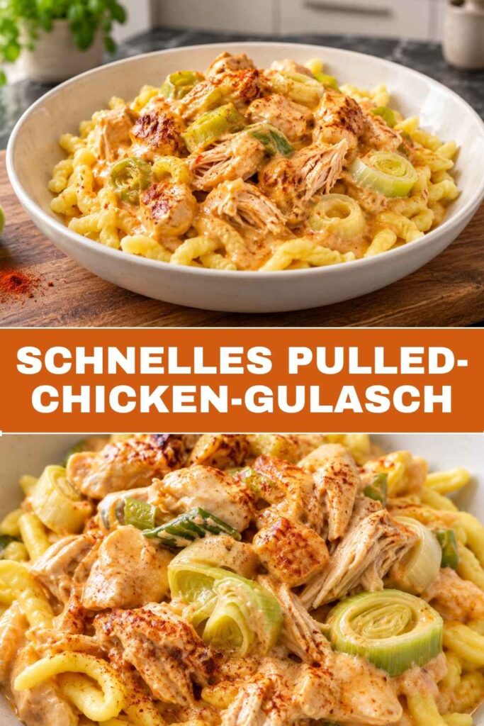 Schnelles Pulled-Chicken-Gulasch im Topf und als Nahaufnahme auf Spätzle, in 30 Minuten fertig