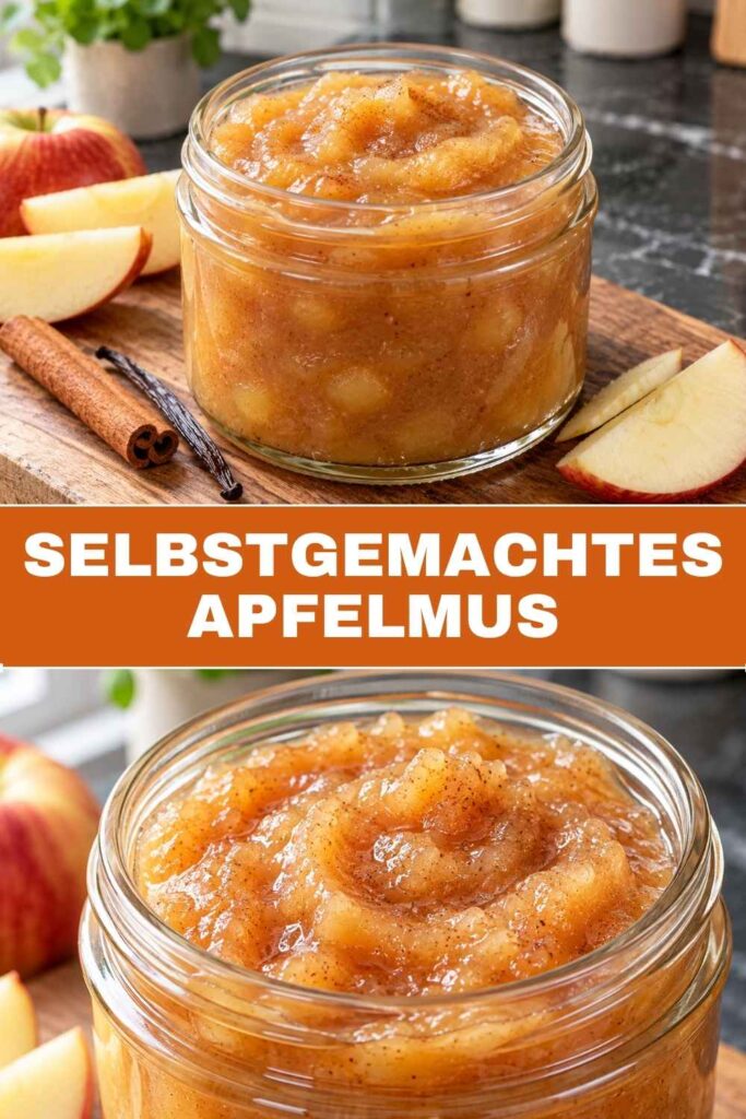 Pinterest-Pin für selbstgemachtes Apfelmus im Topf mit Zimt