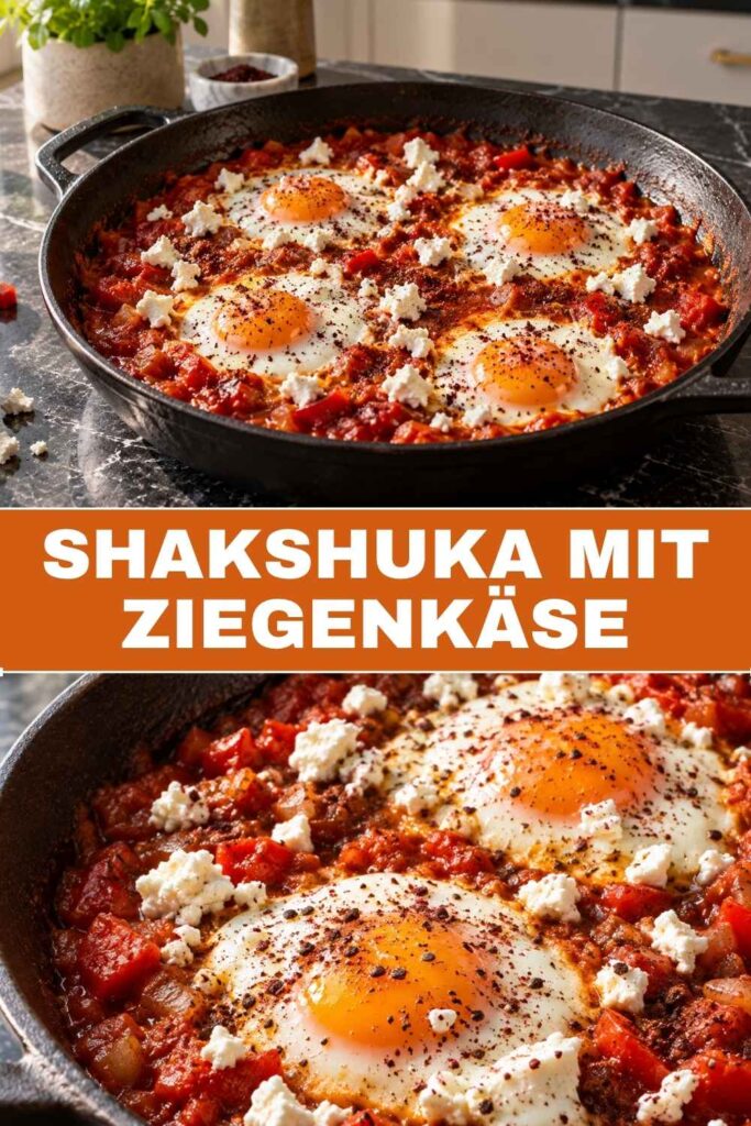 Pin-Bild Shakshuka mit Ziegenkäse, würzige Pfanne mit pochierten Eiern