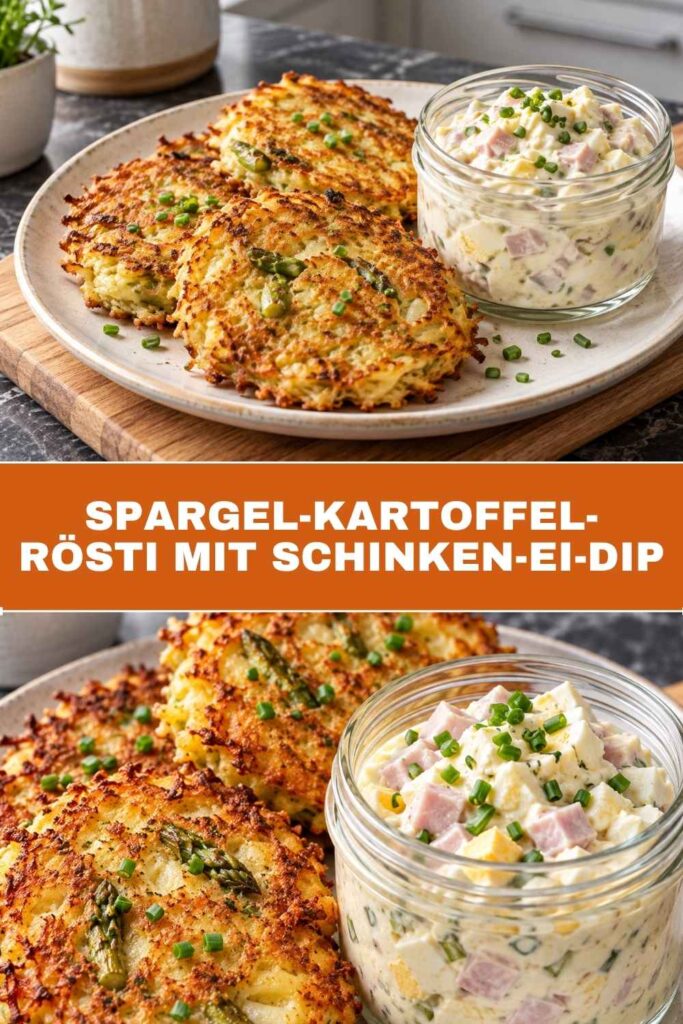 Pinterest-Pin Spargel-Kartoffel-Rösti mit Schinken-Ei-Dip Rezept