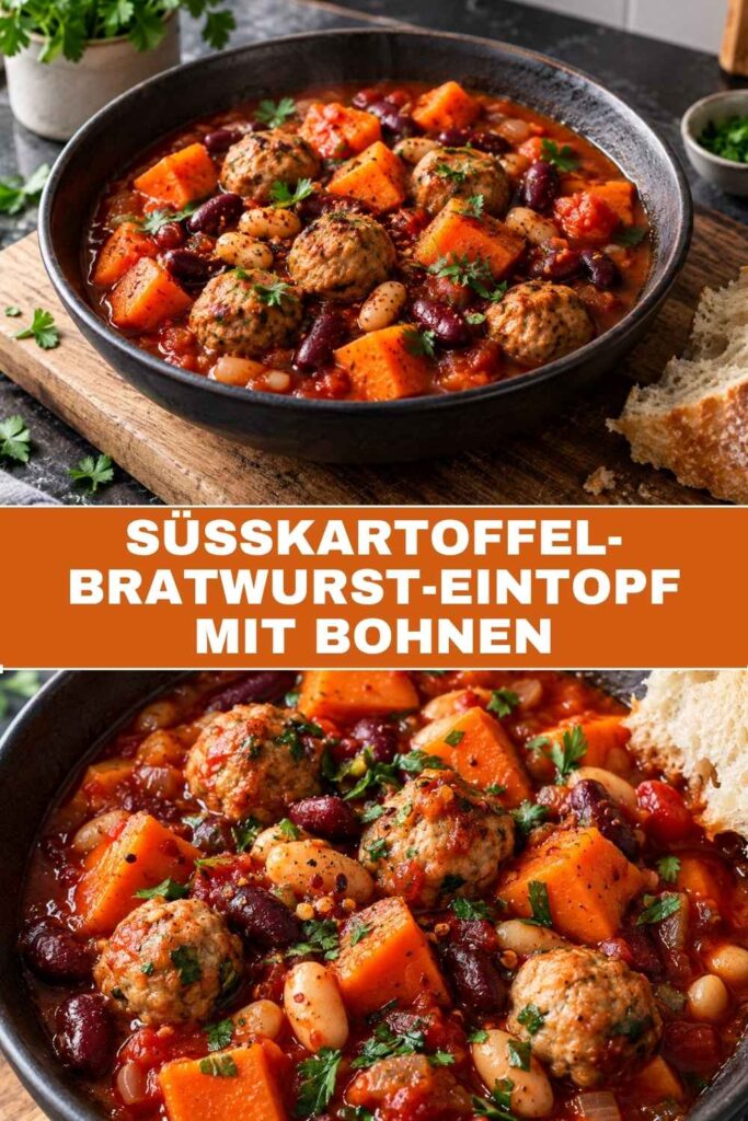 Süßkartoffel-Bratwurst-Eintopf mit Bohnen 4 Süßkartoffel-Bratwurst-Eintopf mit Bohnen, Rezept für kalte Tage