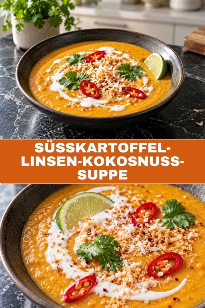 Pinterest-Pin mit Süßkartoffel-Linsen-Kokosnuss-Suppe, oben mehrere Schüsseln angerichtet, unten eine Nahaufnahme mit Koriander und Kokosflocken