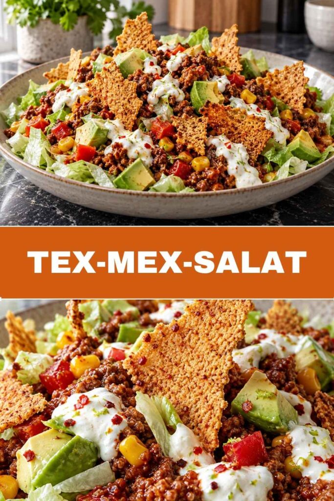 Tex-Mex-Salat low carb, oben die ganze Schüssel, unten Nahaufnahme der Käse-Nachos