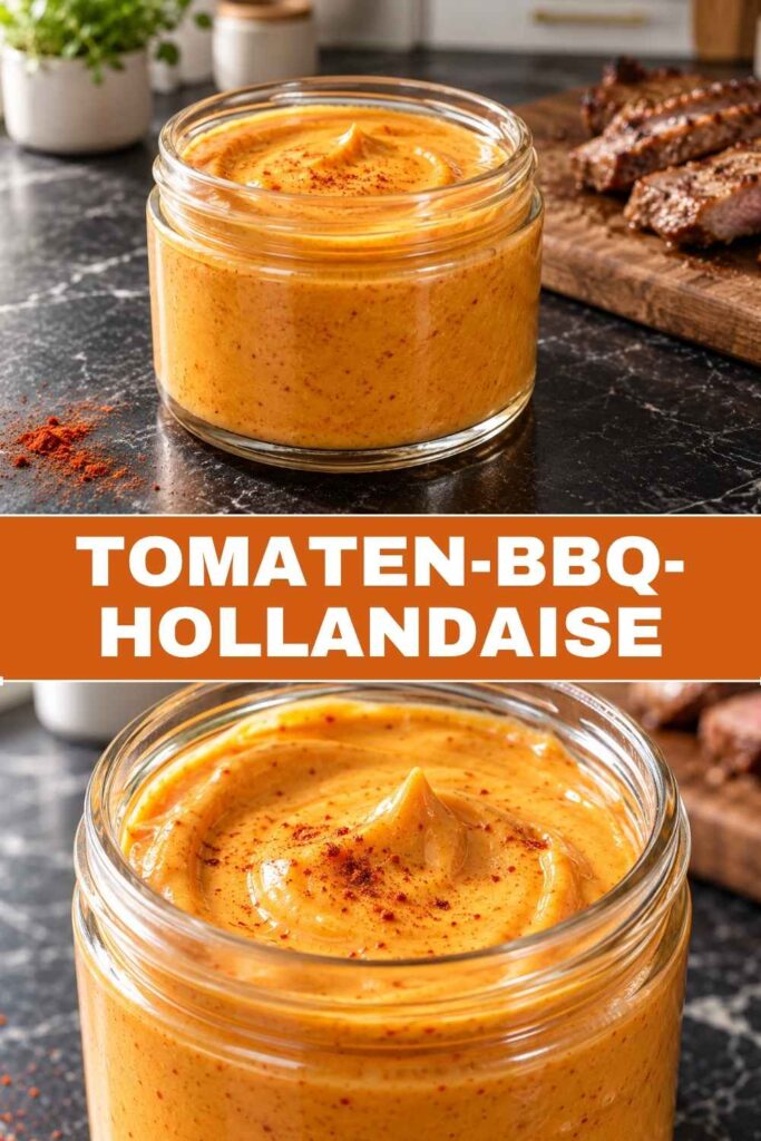 Tomaten-BBQ-Hollandaise 4 Tomaten-BBQ-Hollandaise Pinterest-Pin mit Weitwinkel- und Nahaufnahme