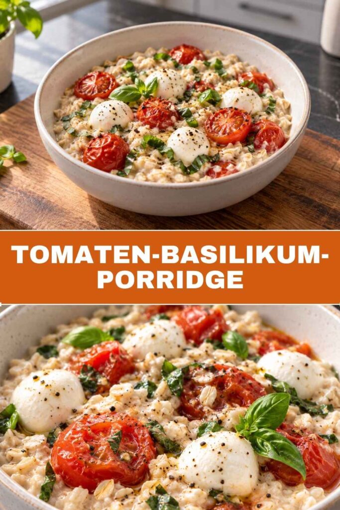 Tomaten-Basilikum-Porridge als herzhaftes Frühstück, oben Schüsseln auf dem Tisch, unten Nahaufnahme mit Mozzarella und Basilikum