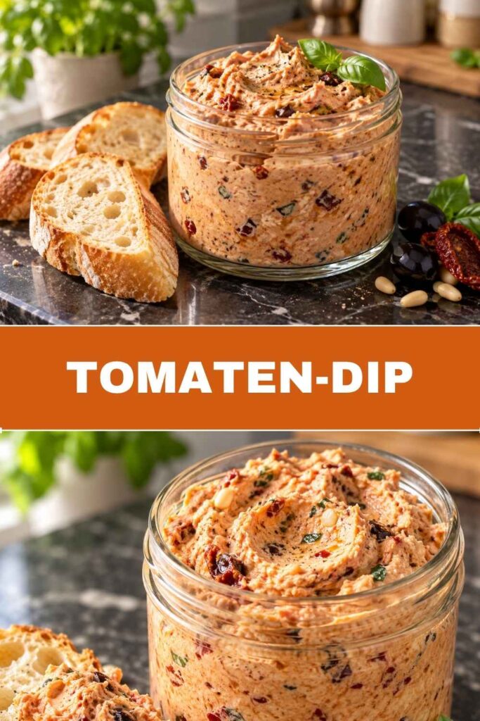 Tomaten-Dip 4 Tomaten-Dip mit Frischkäse in der Schale und als Nahaufnahme, schneller Dip zum Grillen in 5 Minuten