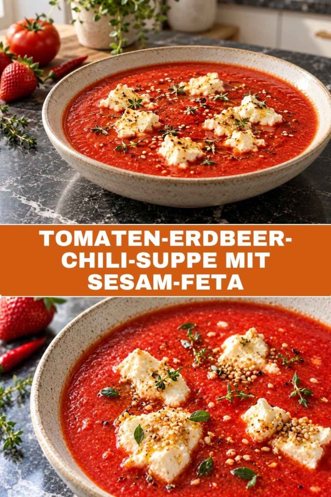 Pinterest-Pin für Tomaten-Erdbeer-Chili-Suppe mit Sesam-Feta, Weitwinkel- und Nahaufnahme kombiniert