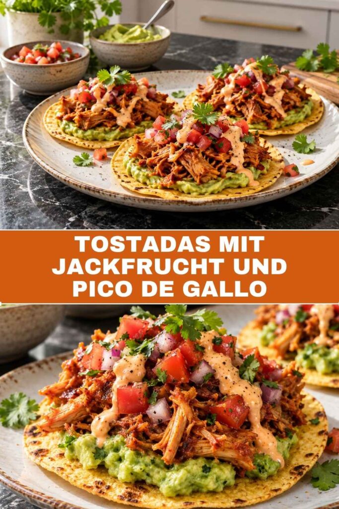 Vegane Tostadas mit Jackfrucht und Pico de Gallo als Gesamtansicht und Nahaufnahme für Pinterest