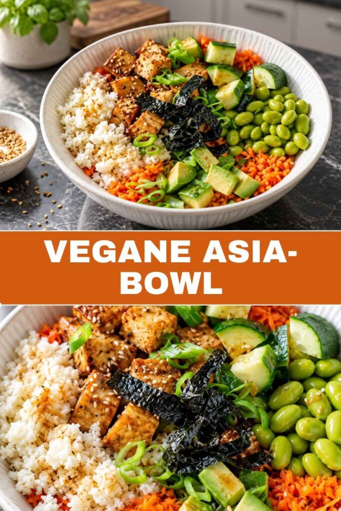 Pinterest Pin, vegane Asia-Bowl mit Blumenkohlreis, Tofu und Wasabi-Dressing